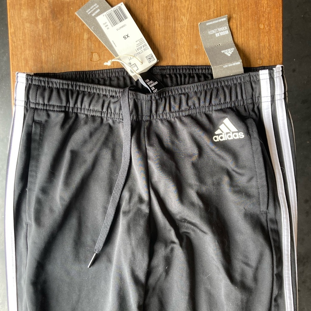 NWT black with white stripe straight leg Adidas track pants